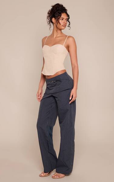  Prettylittlething Navy Pinstripe Fold Over Waist Belt Detail Trousers 