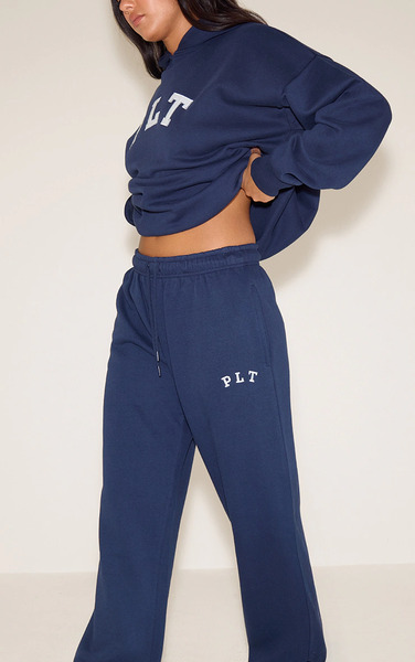  Prettylittlething Navy Plt Logo Oversized Wide Leg Joggers 