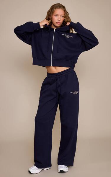  Prettylittlething Prettylittlething Navy Print Wide Leg Joggers 