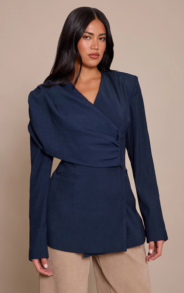 Prettylittlething Navy Shoulder Drape Cinch Blazer 