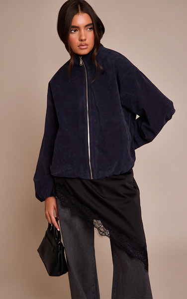  Prettylittlething Navy Suede Bomber Jacket 