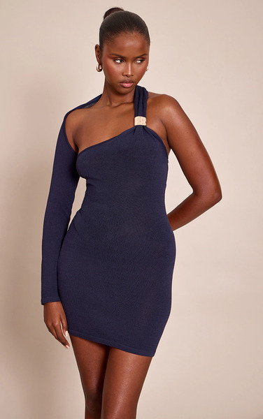  Prettylittlething Navy Trim Detail Single Sleeve Dress 