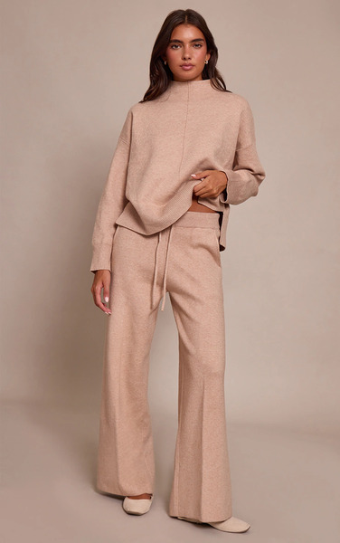  Prettylittlething Oat Drawstring Wide Leg Knitted Trousers, Oatmeal 