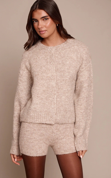  Prettylittlething Oatmeal Brushed Oversized Detail Round Neck Cardigan Sweater 