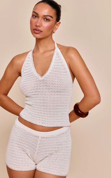  Prettylittlething Oatmeal Contrast Stitch Crochet Halter Neck Top Beige 