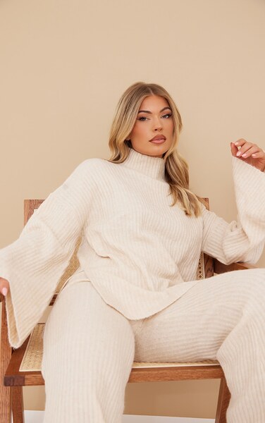  Prettylittlething Oatmeal Luxe Rib Knit Oversized Jumper 