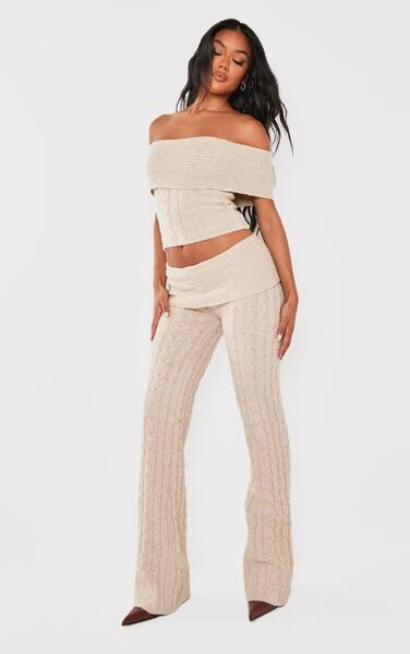  Prettylittlething Oatmeal Marl Textured Knit Foldover Wide Leg Trousers 