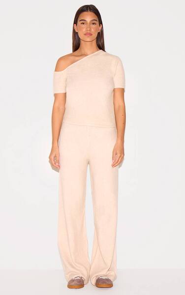  Prettylittlething Oatmeal Soft Knit Wide Leg Trousers 