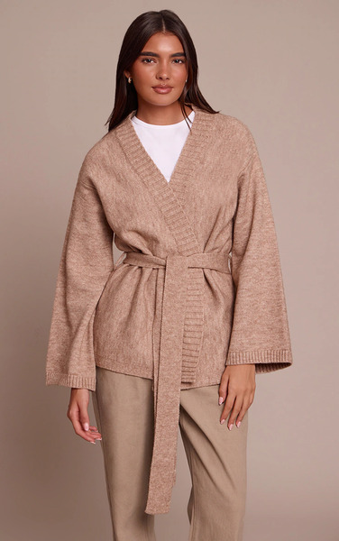  Prettylittlething Oatmeal Tie Waist Oversized Cardigan Sweater 