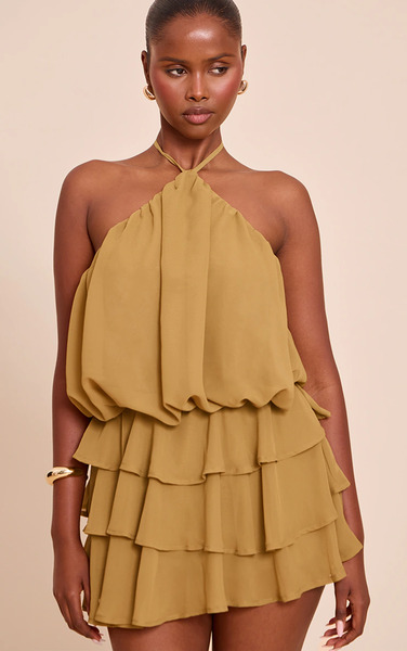  Prettylittlething Olive Chiffon Frill Detail Halterneck Playsuit 