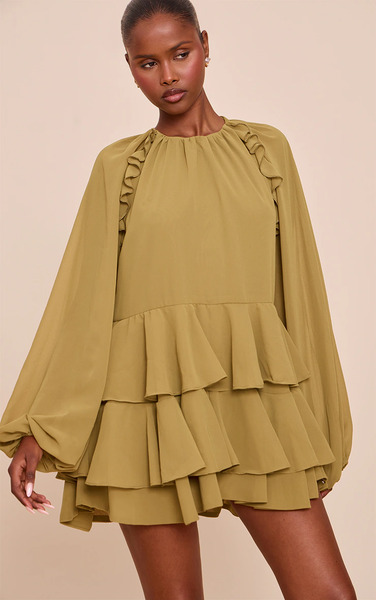  Prettylittlething Olive Chiffon Frill Detail Shift Playsuit 