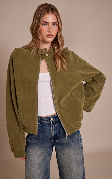  Prettylittlething Olive Faux Suede Racer Neck Jacket 