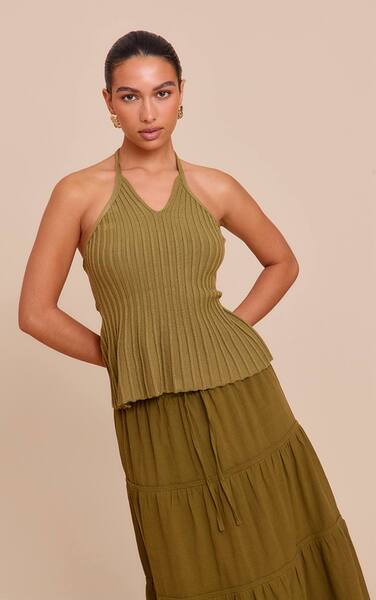 Prettylittlething Olive Halterneck Bead Detail Knit Top 
