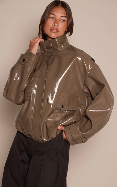  Prettylittlething Olive High Shine Funnel Neck Jacket 