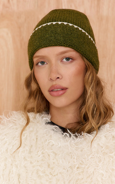  Prettylittlething Olive Knit Contrast Beanie 