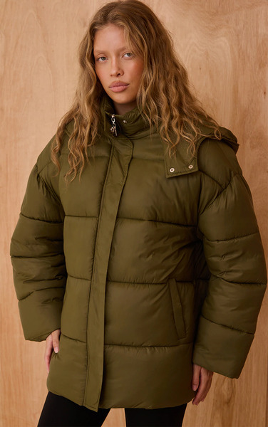  Prettylittlething Olive Oversized Hooded Puffer Jacket 