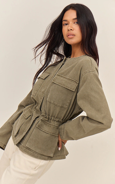  Prettylittlething Olive Round Neck Pocket Front Cinch Denim Jacket 