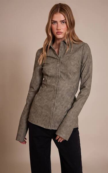  Prettylittlething Olive Textured Faux Leather Fitted Shirt 