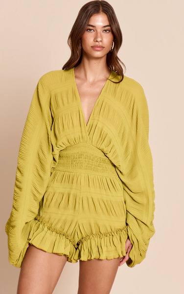  Prettylittlething Olive Textured V Neck Frill Playsuit 