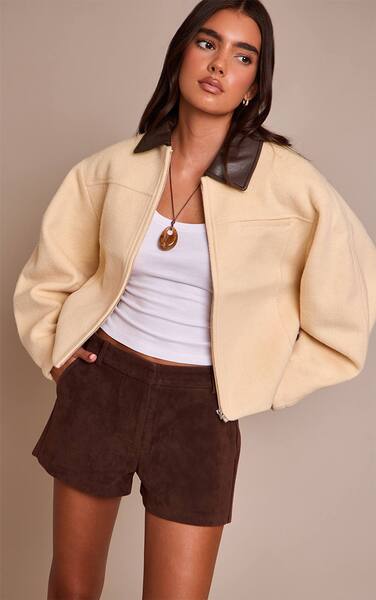  Prettylittlething Pale Yellow Pu Collar Zip Up Jacket 