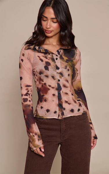  Prettylittlething Petite Beige Printed Cinched Sheer Shirt 