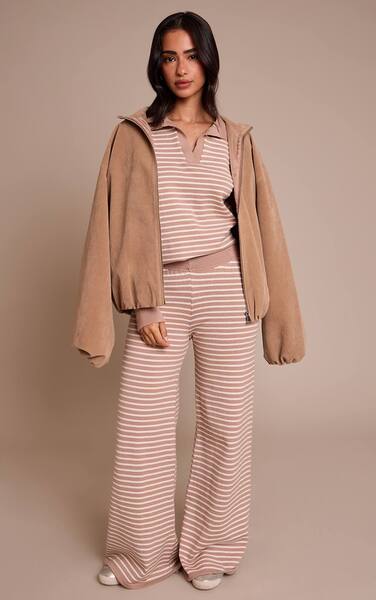  Prettylittlething Petite Beige Striped Knitted Trousers 