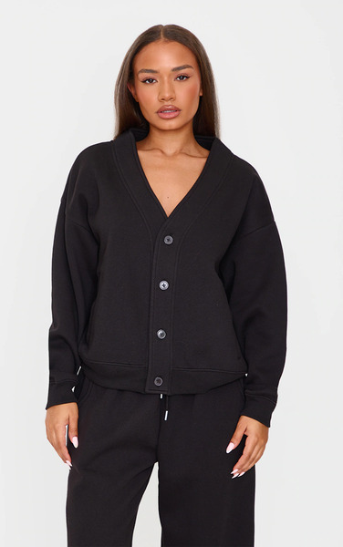  Prettylittlething Petite Black Button Up Side Pocket Sweatshirt 