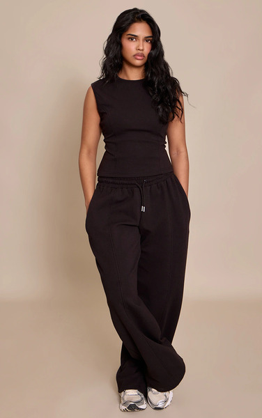  Prettylittlething Petite Black Interlock Drawstring Wide Leg Joggers 