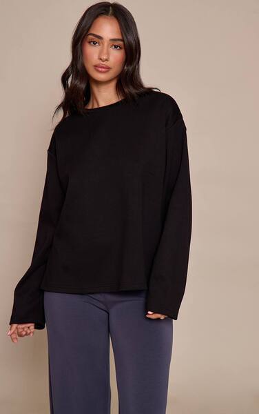  Prettylittlething Petite Black Modal Oversized Long Sleeved T-shirt 