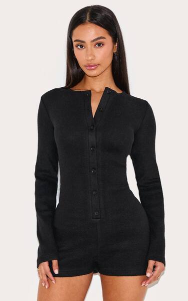  Prettylittlething Petite Black Ribbed Long Sleeve Button Up Playsuit 