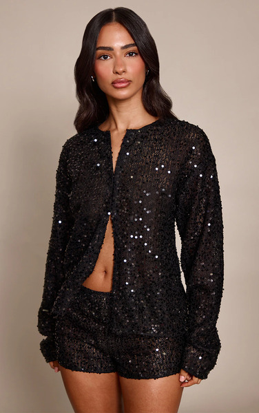  Prettylittlething Petite Black Sequin Button Up Shirt 