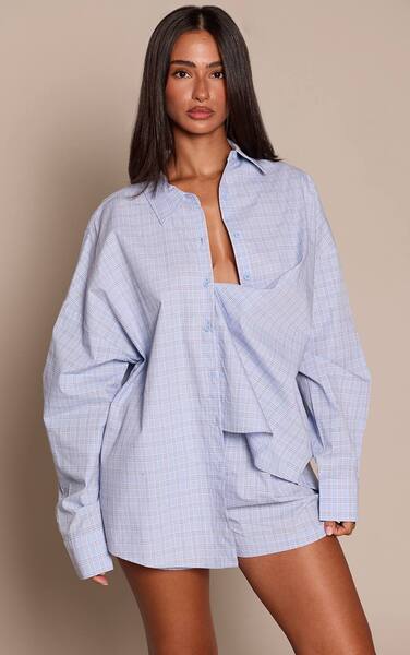  Prettylittlething Petite Blue Check Poplin Long Sleeve Button Up Shirt Co-ord 