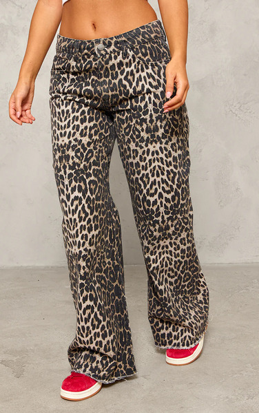  Prettylittlething Petite Brown Leopard Print Denim Wide Leg Jeans 