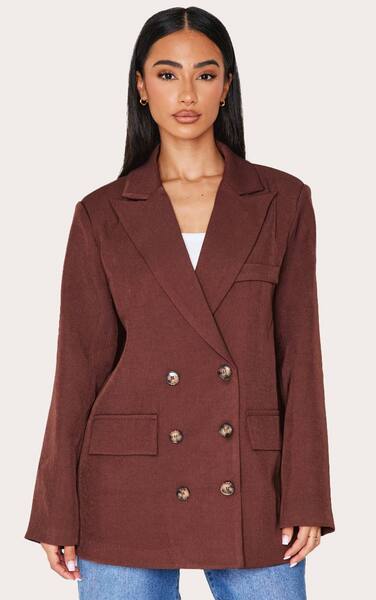  Prettylittlething Petite Brown Premium Double Breasted Button Detail Blazer 