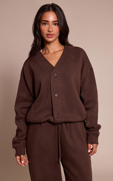 Prettylittlething Petite Chocolate Button Up Side Pocket Sweatshirt 