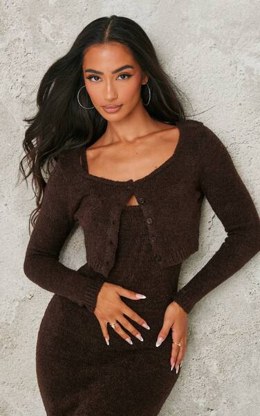  Prettylittlething Petite Chocolate Knitted Boucle Cardigan Sweater 