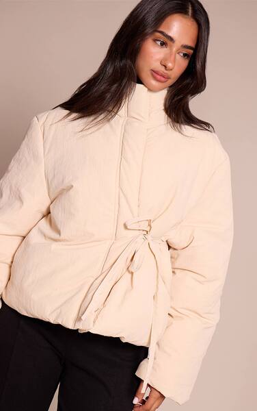  Prettylittlething Petite Cream High Neck Tie Waist Quilted Jacket 