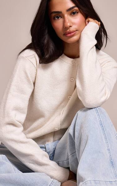  Prettylittlething Petite Cream Knit Button Through Cardigan Sweater 