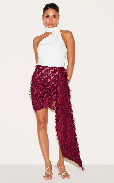  Prettylittlething Petite Deep Red Textured Drape Side Mini Skirt 