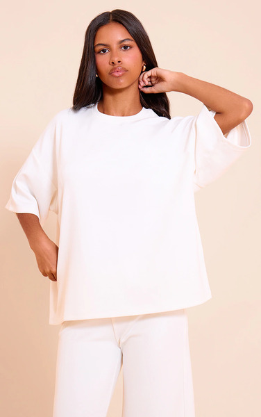  Prettylittlething Petite Ecru Modal Oversized Short Sleeve Top 