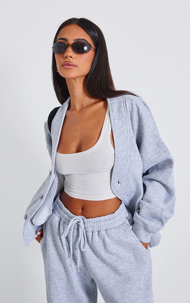  Prettylittlething Petite Grey Marl Button Up Side Pocket Sweatshirt 