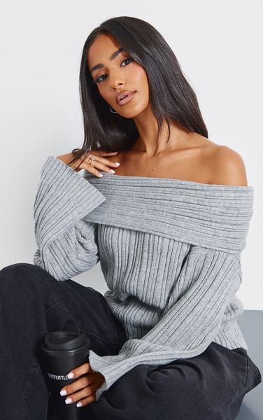  Prettylittlething Petite Grey Off The Shoulder Knit Jumper 