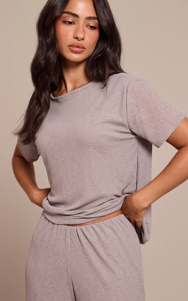  Prettylittlething Petite Grey Sheer Textured Flowy Top 