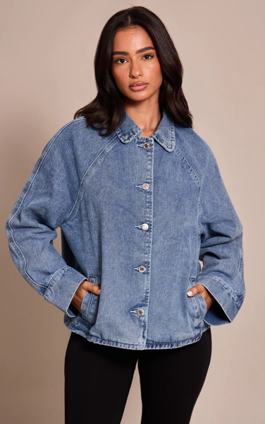  Prettylittlething Petite Light Blue Oversized Denim Car Coat 