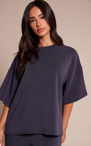  Prettylittlething Petite Navy Modal Oversized Short Sleeve Top 