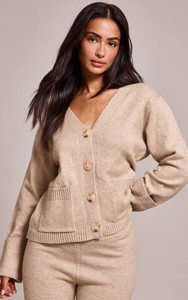  Prettylittlething Petite Oatmeal Turn Back Cuff Cardigan Sweater 