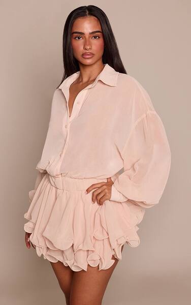  Prettylittlething Petite Peach Chiffon Long Sleeve Playsuit 