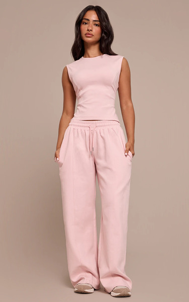  Prettylittlething Petite Pink Interlock Drawstring Wide Leg Joggers 