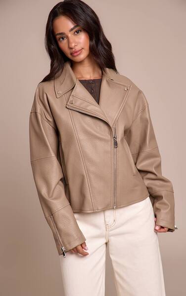  Prettylittlething Petite Taupe Faux Leather Oversized Biker Jacket 
