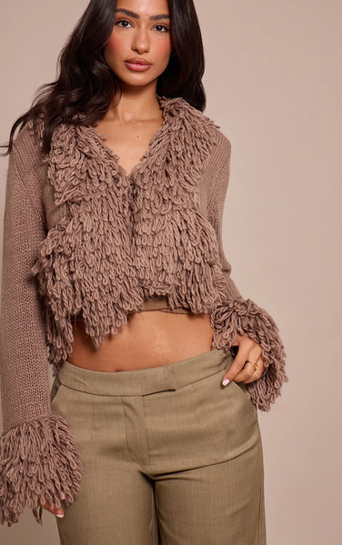  Prettylittlething Petite Taupe Loop Knit Edge Cardigan Sweater 